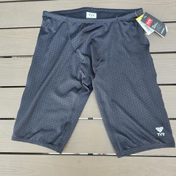 TYR Durafast Elite Black Hexa Drawstring  Swim Jammer Size 32 New - Picture 1 of 3